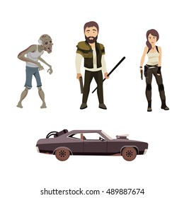 Set Of Vector Flat Illustration On A Post Apocalypse Theme Including Man, Woman, Zombie And Car