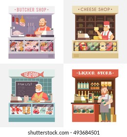 Set vector flat illustration. Store meat. The cheese shop. Shop seafood. The liquor store.