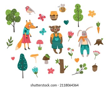 A set of vector flat illustrations with bear, honey and bee, trees, mushrooms, rabbit, carrot, fox, bird, flowers, twigs, stump, acorn, butterflies, berries