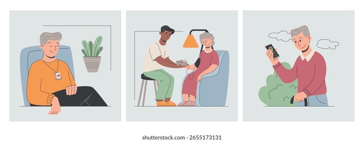 Set of vector flat illustrations on elderly care. Seniors with caregiver, medical checkup, safety pendant, phone communication. Flat design for healthcare, aging support, telecare and wellness themes.