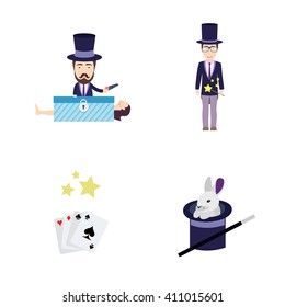 Set Of Vector Flat Illustrations On A Theme Of Magic. Includes Rabbit In Hat, Cards, Conjurer With Saw, Woman In Box And Illusionist With Wand.