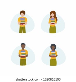 A set of vector flat illustrations. People of different nationalities and genders hold books. An Afro man and woman hold textbooks from the library. Drawings for a bookstore, app, or website.