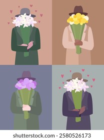 Set of vector, flat illustrations, postcards, greetings. A man gives a bouquet of flowers.