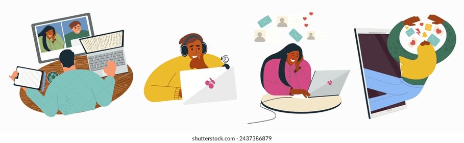 Set of vector flat illustrations with scenes of people with gadgets, doing business, communicating via social media, conference calls, marketing.