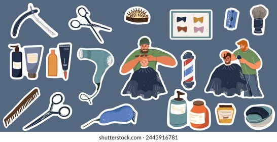 Set of vector flat illustrations, stickers, atmosphere of barbershop, barbering supplies, tools, client and barber in the process of haircutting and beard care, communication, rest, people.