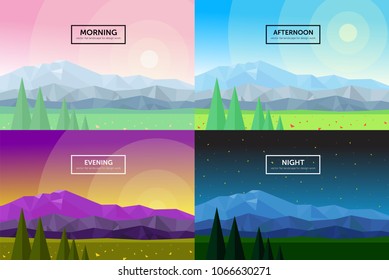 set vector flat illustrations temporal days: morning  day  evening  night  beautiful landscapes triangular mountains  flowers  sky  stars  trees  nature  panorama