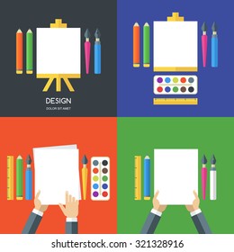 Set of vector flat illustrations of tools, art supplies for design, painting, creativity. Vector icon set of pen, pencil, brush, white blank sheet of paper on easel. Concept for stationery, school. 