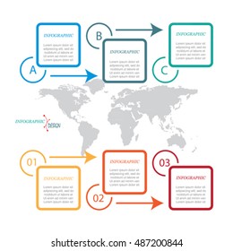 Set of vector flat infographic elements with 3 options and world map. Template for diagram, graph, presentation. Business concept with three parts, steps or processes.