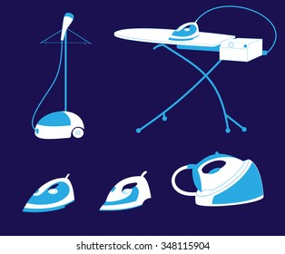 Set of vector flat iron icons: irons, steamer, ironing board. Set of icons for the laundry. 