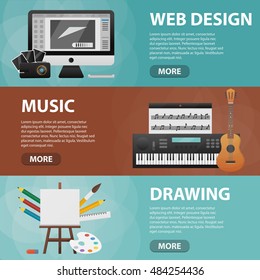 Set of vector flat isolated horizontal banners of web design, music and drawing for website. Business concept of creative subject, art and graphic content.