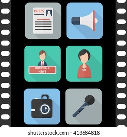 Set of vector flat isolated icons of journalism theme with long shadow for web and apps