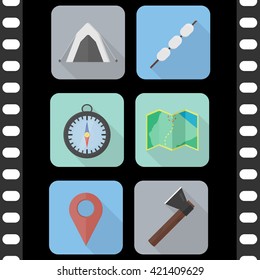 Set of vector flat isolated icons of camping and nature theme with long shadow for web and apps