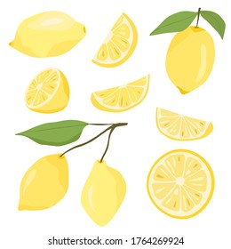 Set of vector flat lemons (whole and sliced fruit pieces). Fresh yellow fruits ideal for lemonade. Vector illustration isolated on white background.