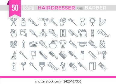 Set Vector Flat Line Icons Hairdesser and Barber