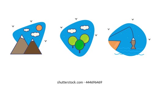 Set of vector flat linear icon with mountains, forest and lake