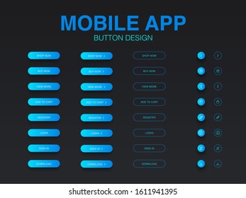 Set of vector flat material style buttons. Different type and icons on oval forms with blue gradient style and thin line style on dark mode