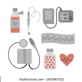 Set of vector flat medical icons. Cardio treatment collection. Medicine cardiology equipment isolated on white background. Heart health check clip art