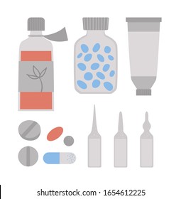 Set of vector flat medical icons. Medicine and pills collection isolated on white background. Medical treatment clip art