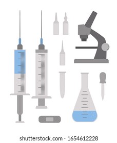 Set of vector flat medical icons. Laboratory research collection. Medicine healthcare equipment isolated on white background. Injection clip art