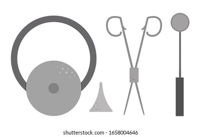 Set of vector flat medical icons. Otolaryngology treatment collection. Medicine ear, throat, nose equipment isolated on white background. Health check clip art