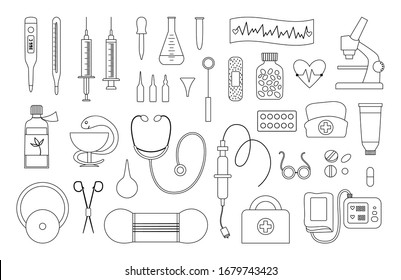 Set of vector flat medical line icons. Medicine or health insurance, research outline collection. Healthcare and laboratory equipment isolated on white background. Health check or treatment clip art