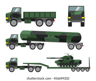 Set A Vector Of Flat Military Trucks, A Fuel Truck, The Tractor For Transportation And Delivery Of Tanks. Front View. Design Elements For The Historical Websites, Children's Goods, Toys And Games.