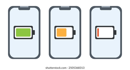 Set of vector flat mobile phone with battery charge indicator. Smartphone mockup with blank white screen and different battery level icon., mobile gadget in flat style.