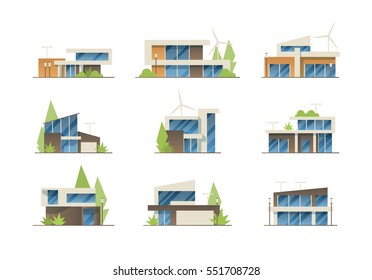 Set of vector flat modern houses. Cute contemporary architecture with large windows. Nice flat icon set with luxury geometric homes. 