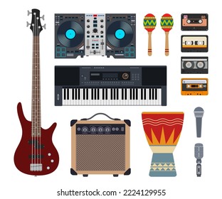 Set of vector flat musical instruments. Vector music instruments icons. Bass guitar, amplifier, synthesizer, DJ remote, maracas, microphones, djembe drum, cassettes. Colorful isolated objects.