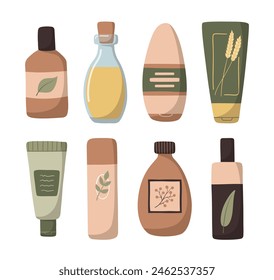 Set of vector flat organic skincare products isolated on white background