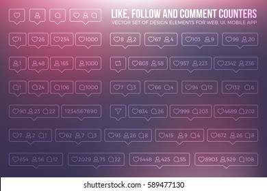 Set Vector Flat Outline Counter Icons Like, Follow, Comment on Abstract Blured Background. Design elements for social network, web, ui, mobile, app