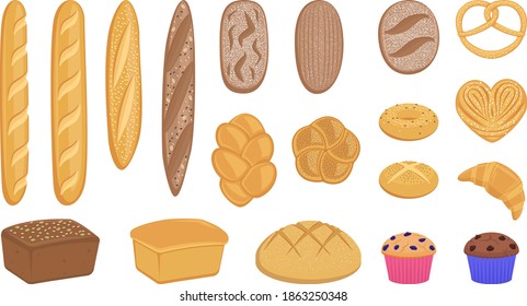 Set of vector flat realistic baking pastry products for bakery menu, recipe book, website. Large bread collection: rye bread, whole wheat loaf, bagel, croissant, toast, baguette, whole grain. 