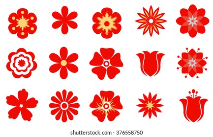 Set of vector flat red flowers. Symbol or icon collection.