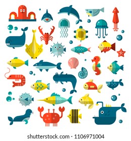 Set of vector flat sealife elements, plants and sea animals - shark, jellyfish, octopus and others. Collection of modern sea underwater life