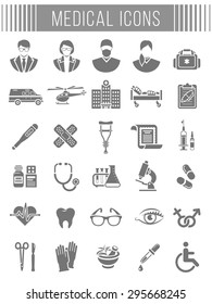 Set of vector flat silhouette icons related to subject of medicine, first aid, patient transportation, health care, insurance, medical treatment, medicines and hospital personnel. Conceptual symbols