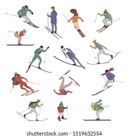 set of vector flat skiers: sport and vacation. winter activity.