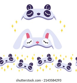 Set of vector flat sleep masks isolated on white background. Cute clipart of funny panda and rabbit eyemasks