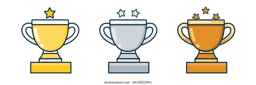 Set of vector flat sports cups. Gold, silver and blond winner's cup isolated on white background. Suitable for sporting events and sports store advertising.