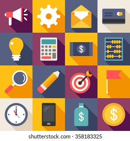 Set of Vector Flat Style Business Icons with Long Shadow. Promotion, Creative Idea, Accounting, Targeting, Searching, Banking
