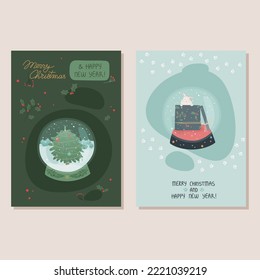 Set of vector flat style cards. Christmas and New Year greeting cards. Christmas tree and bunny in gift box.