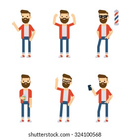 Set of vector flat style characters: hipster guy in different static poses.