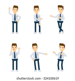 Set of vector flat style characters: office guy pointing in different directions.