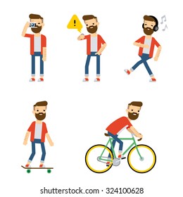 Conjunto de caracteres de estilo plano vectorial: tipo hipster haciendo algunas actividades.