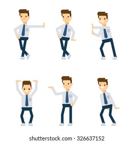 Set of vector flat style characters: office guy in different poses relative to pushing and holding something.