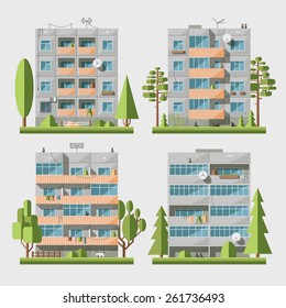 Set of vector flat style facades of panel houses. Classic blocks of flats architectural symbols and design elements. Collection for product promotion and advertising isolated on white background