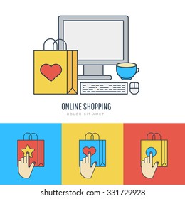 Set vector flat style illustration, online shopping and e-commerce theme. Colorful linear logo and icons design template. Trendy design concept for buying goods via internet shop.