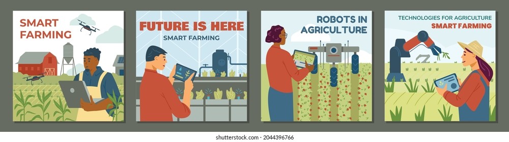 Set of vector flat style illustrations with innovation agricultural technologies, smart farming. Illustrations of spraying fields with an irrigation tractor, drones, agro-industrial complex