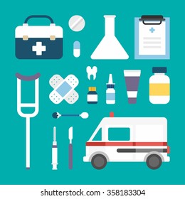Set of Vector Flat Style Medical Icons and Objects. Ambulance, Suitcase, Patch, Scalpel, Spray, Tooth, Pills, Medical Supplies