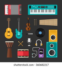 Set of Vector Flat Style Musical Instruments and Music Tools Icons. Guitar, Drums, Speaker, Headphones, Keyboard, Violin, Vynil, Microphone, Player