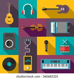 Set of Vector Flat Style Musical Icons with Long Shadow. Guitar, Headphones, Violin, Player, Speaker, Keyboard, Drums, Vinil